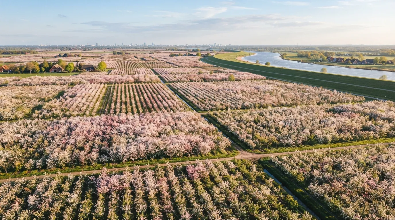 Luftaufnahme einer weiten Obstplantage im Alten Land bei Hamburg, Apfel- und Kirschbäume in voller Blüte, zartrosa und weiße Blütenwolken, im Hintergrund ein Deich, weiches Frühlingslicht, idyllische norddeutsche Kulturlandschaft