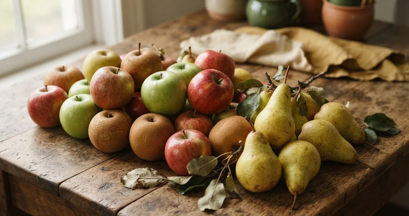 Apfel- und Birnensorten nebeneinander auf einer Holzplatte