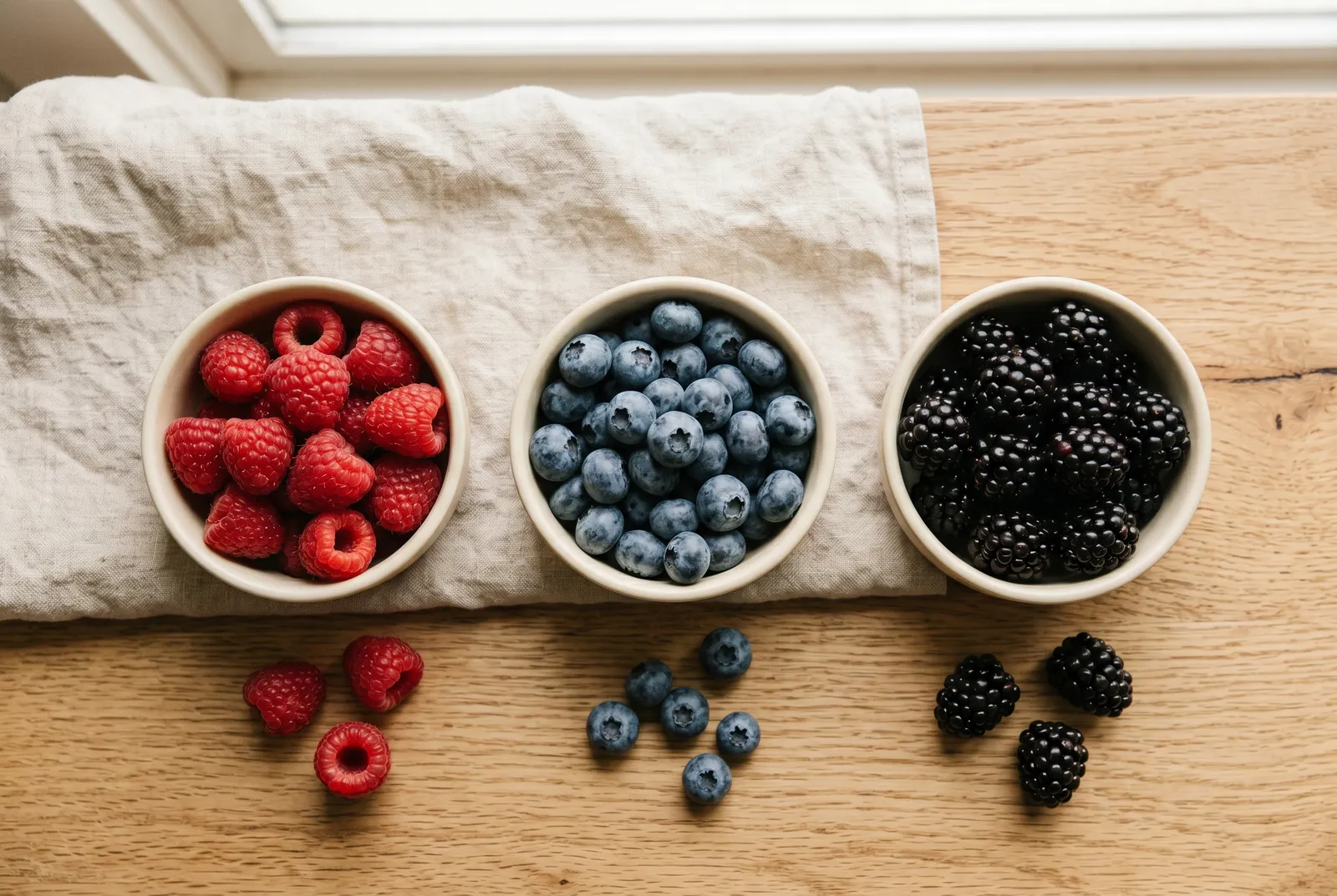 Himbeeren, Heidelbeeren und Brombeeren nebeneinander in Schälchen auf einem Holztisch