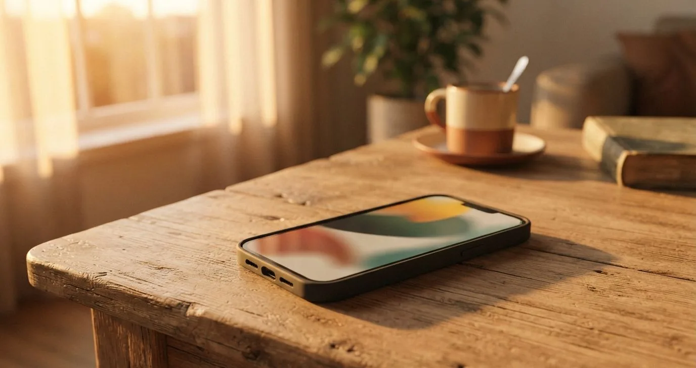 Smartphone im goldenen Abendlicht auf einem Holztisch