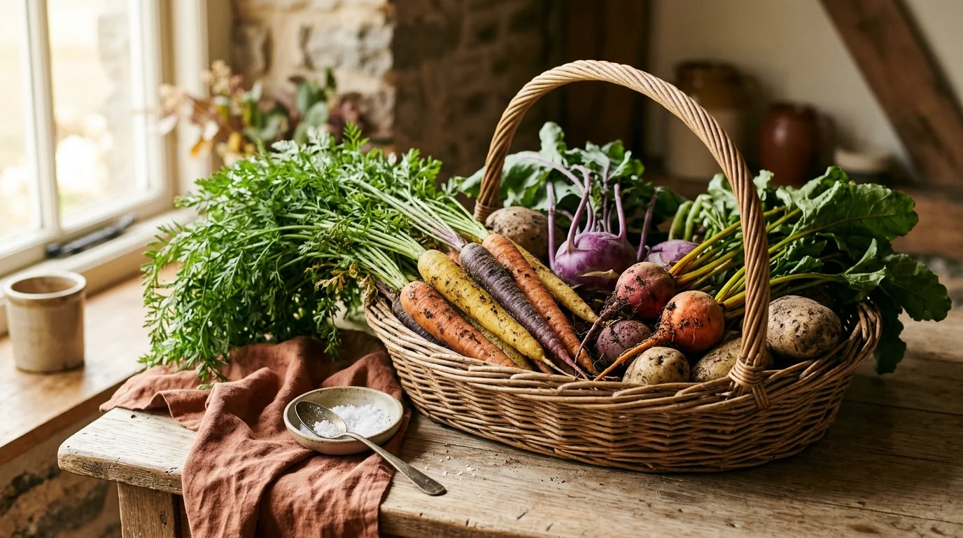 Weidenkorb mit erdigen Möhren, Roter Bete, Kohlrabi und Kartoffeln auf einem Holztisch