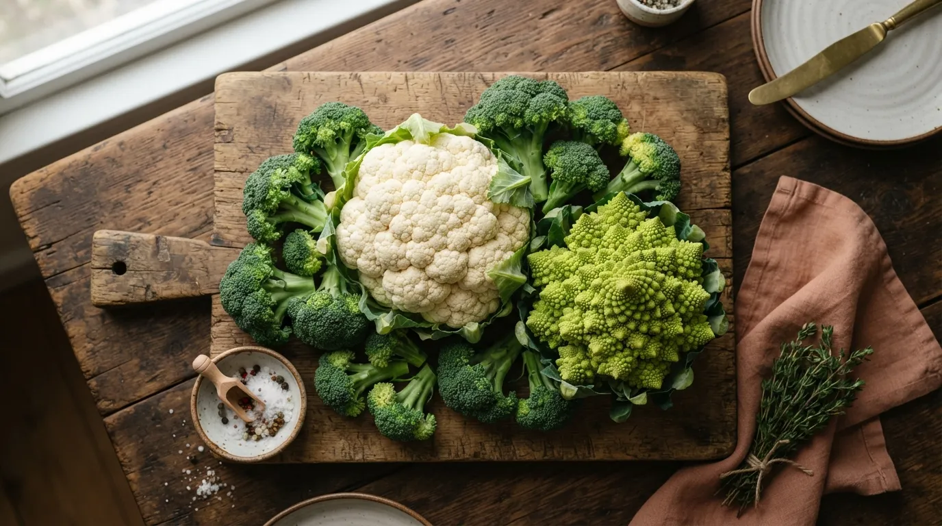 Blumenkohl, Brokkoli und Romanesco nebeneinander