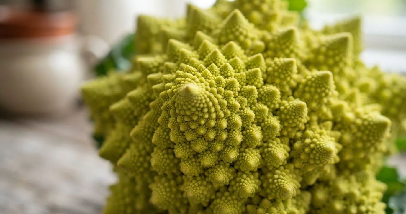 Nahaufnahme der fraktalen Struktur eines Romanesco-Kopfes