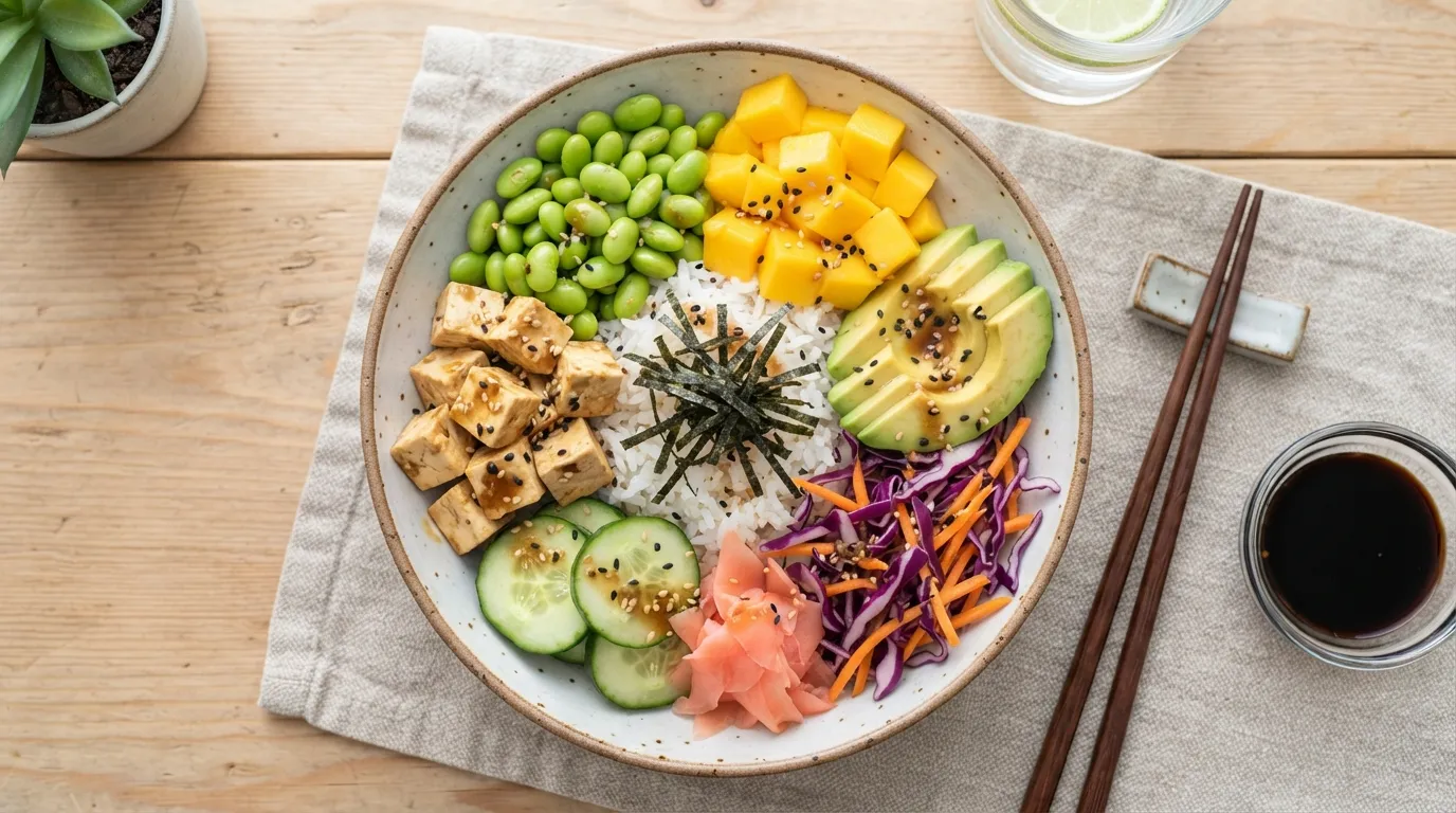 Bunte asiatische Bowl mit Edamame, Mango, Avocado auf Reis, Sesam darüber.