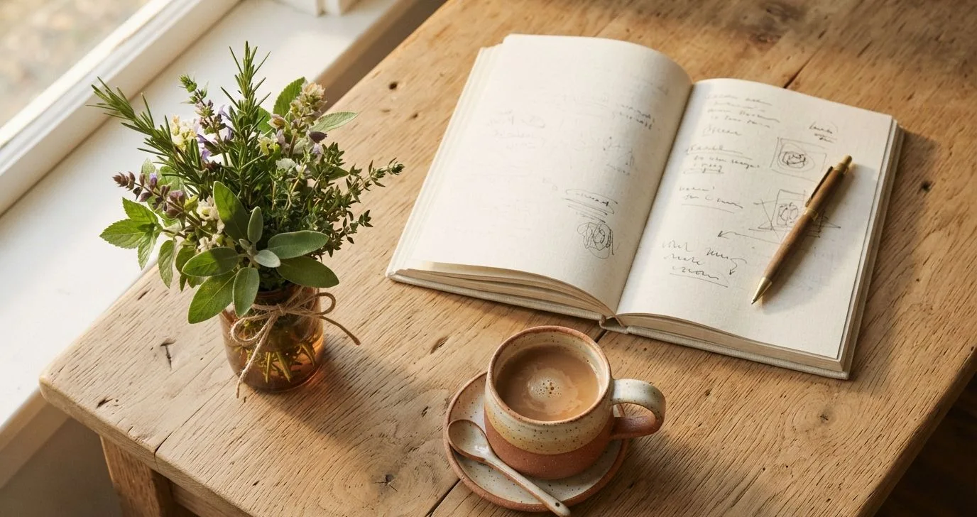 Notizbuch, Kaffeetasse und Kräutervase auf dem Schreibtisch