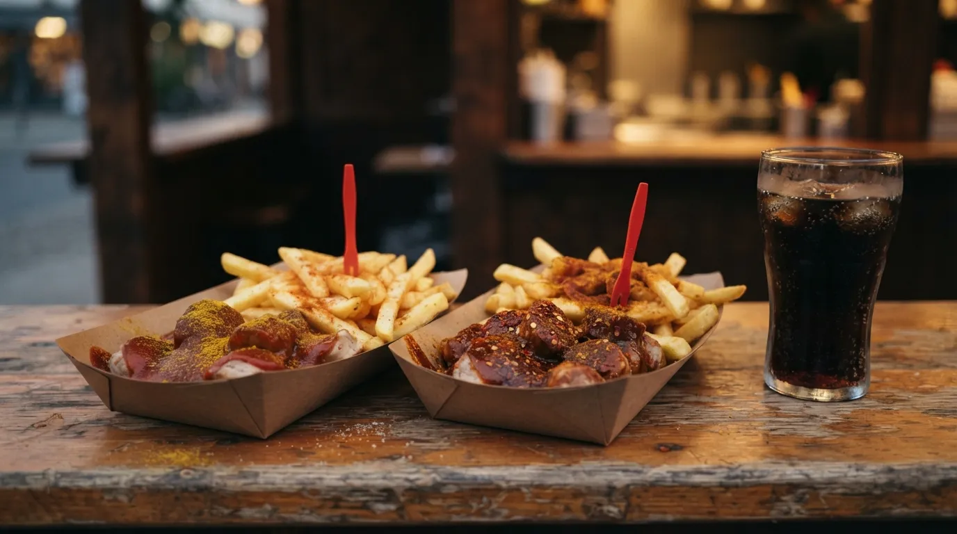 Currywurst auf einem Pappteller mit Pommes und einer roten Plastikgabel, zwei Portionen mit unterschiedlichen Saucen – klassisch mit Currypulver und scharf, Berliner Imbiss-Atmosphäre, weiches Abendlicht