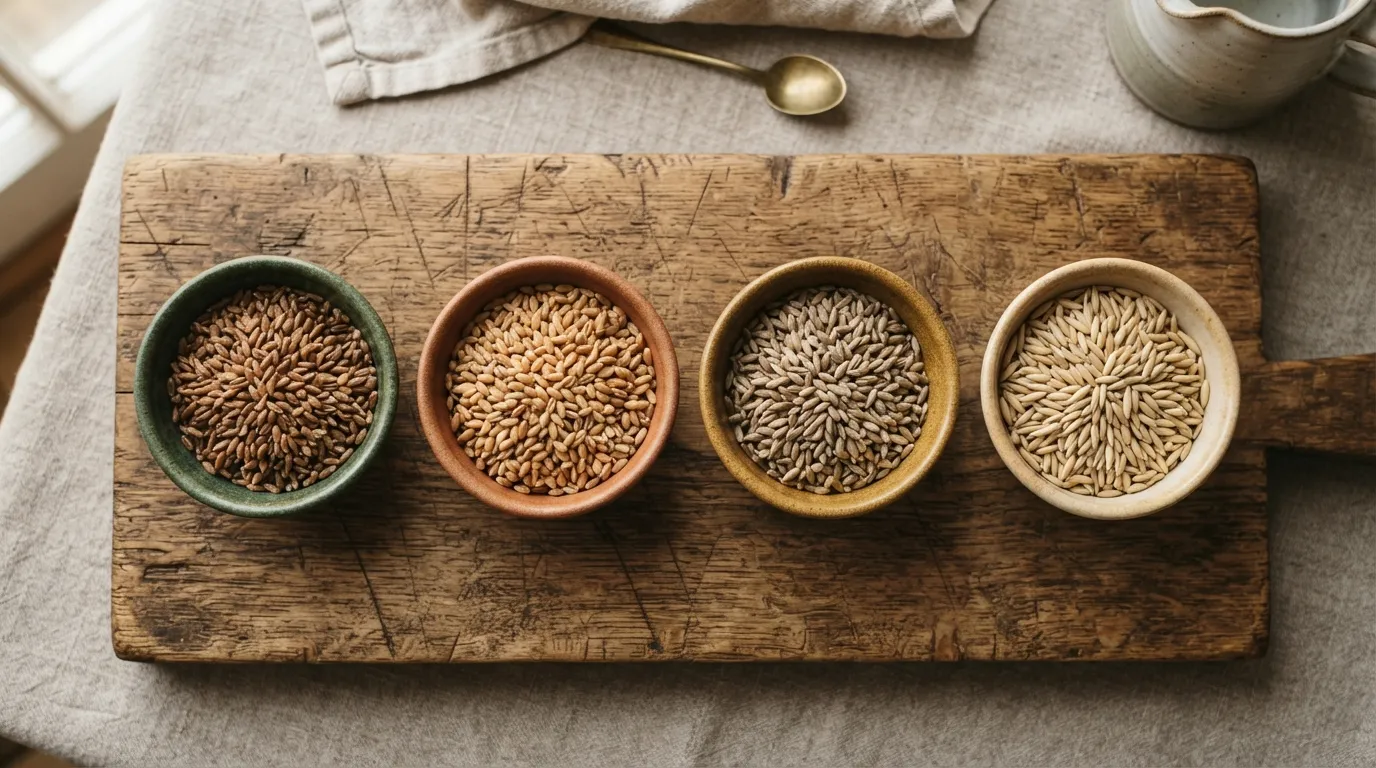 Vier Getreidesorten: Dinkel, Weizen, Roggen, Hafer