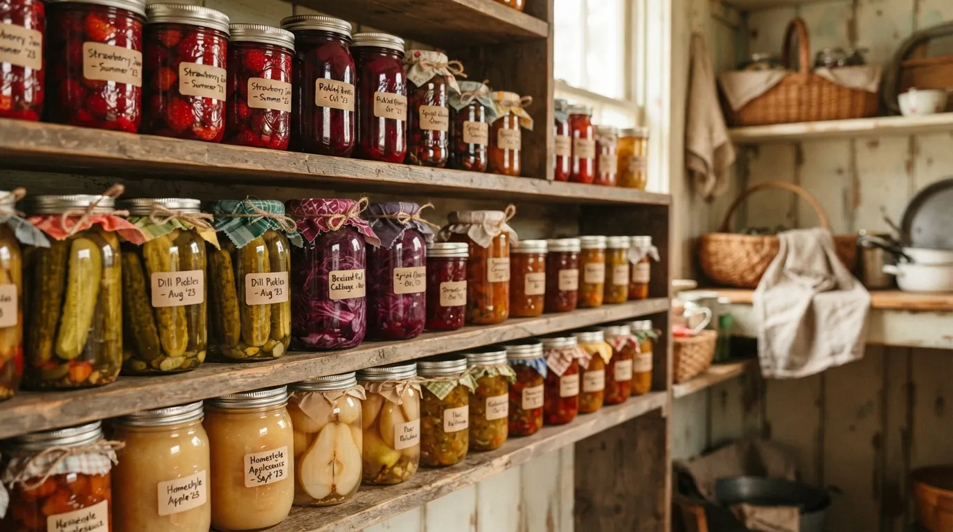 Mehrere Reihen bunter Einweckgläser in einer Speisekammer: Erdbeermarmelade, eingelegte Gurken, Rotkohl, Apfelmus, Kirschen. Warmes Licht, rustikale Holzregale.