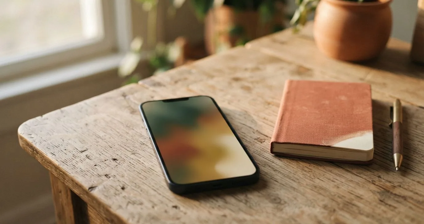Smartphone neben Notizbuch auf dem Schreibtisch