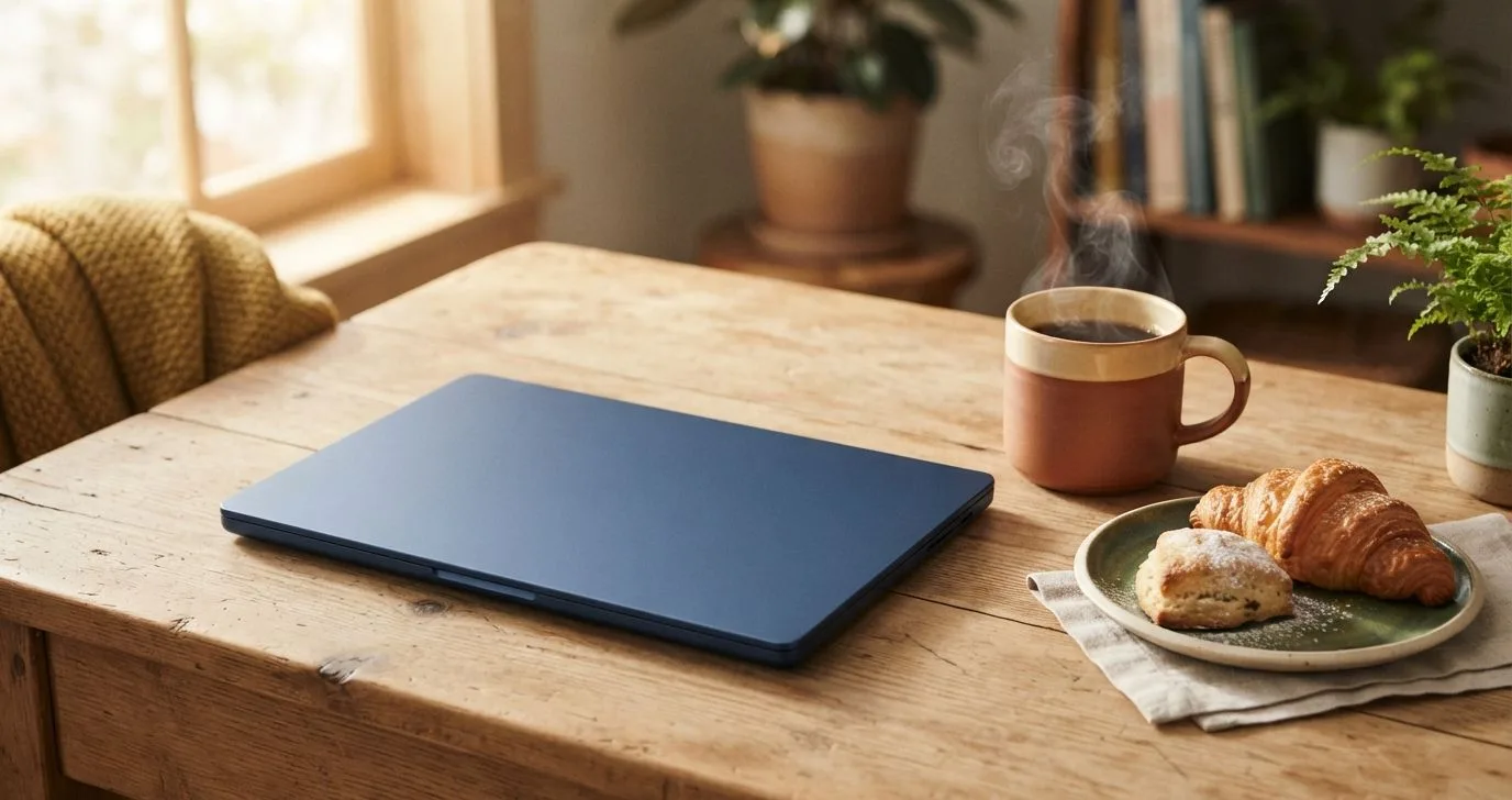 Laptop, Kaffee und Gebäck auf einem Schreibtisch