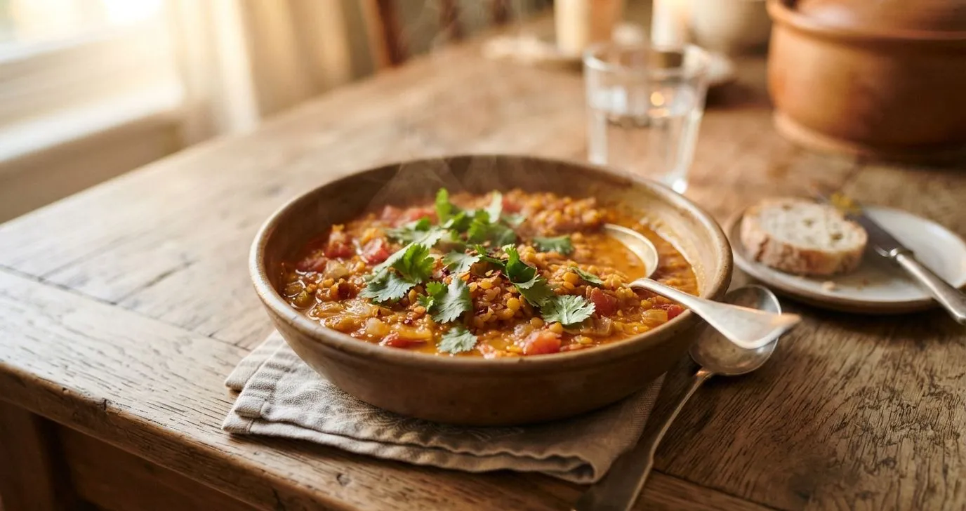 Rote-Linsen-Curry in einer Schüssel mit Koriander garniert