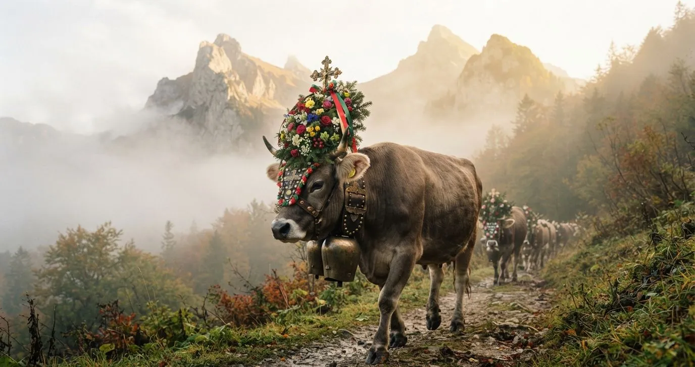 Ein geschmücktes Kranzrind beim Viehscheid im Allgäu mit aufwendigem Kopfschmuck und großen Zugschellen, Herbststimmung mit Nebelschwaden in den Bergen, warmes goldenes Licht