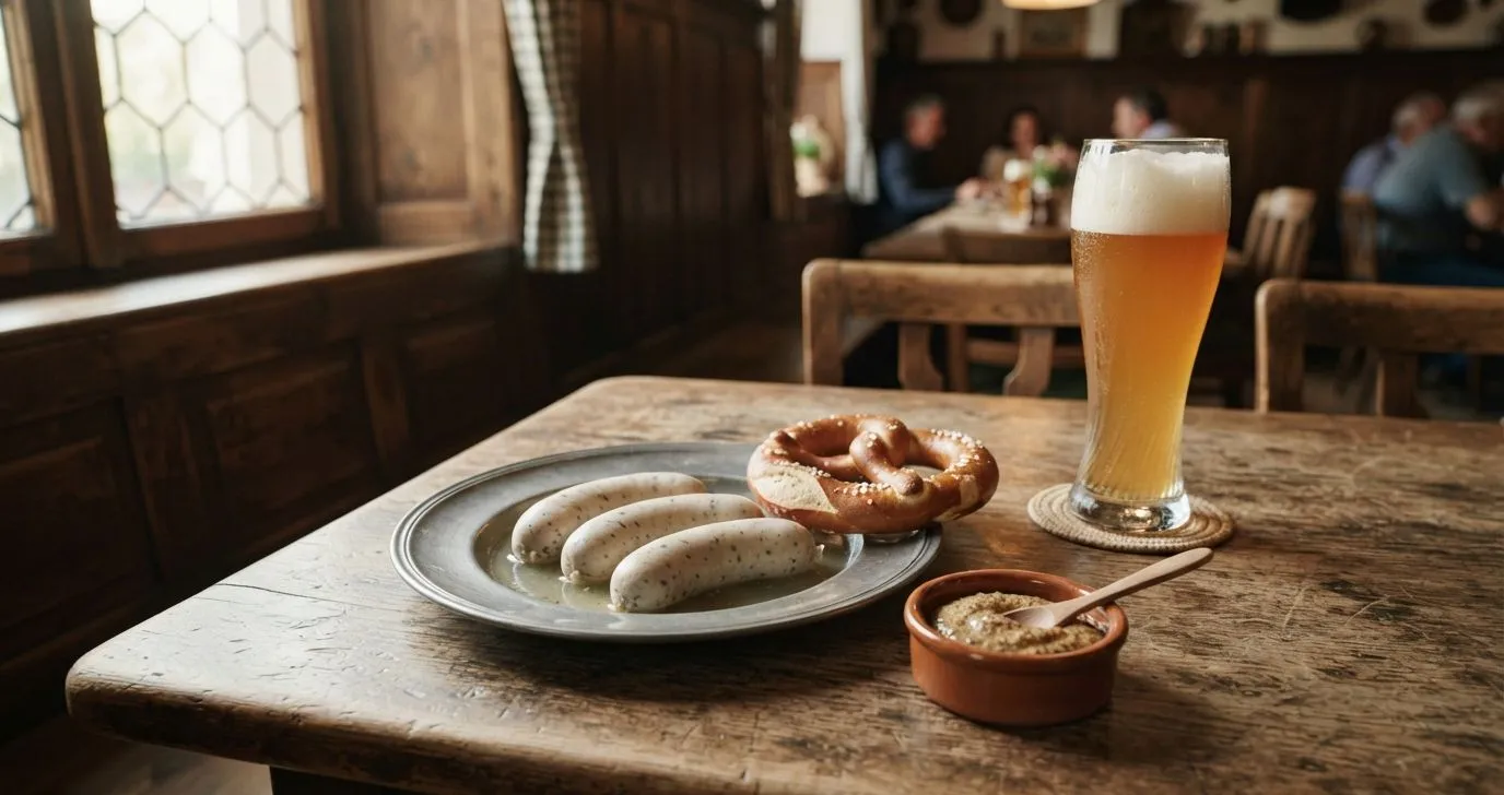 Weißwurst auf Zinnteller mit Brezn, süßem Senf und Weizenbier, warmes Morgenlicht fällt auf den Holztisch, rustikale bayerische Wirtshaus-Atmosphäre