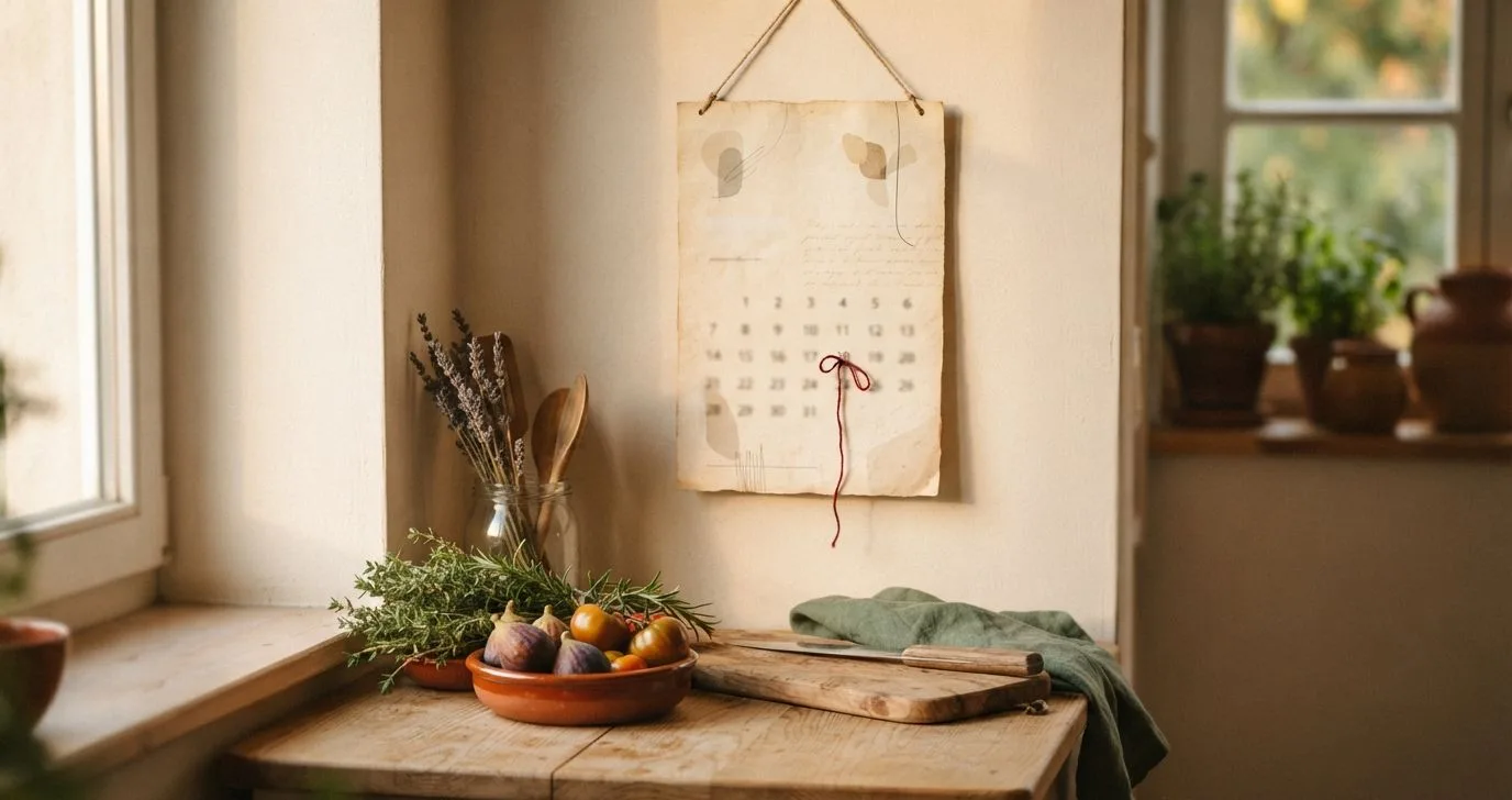 Wandkalender mit rotem Faden über der Küchentheke