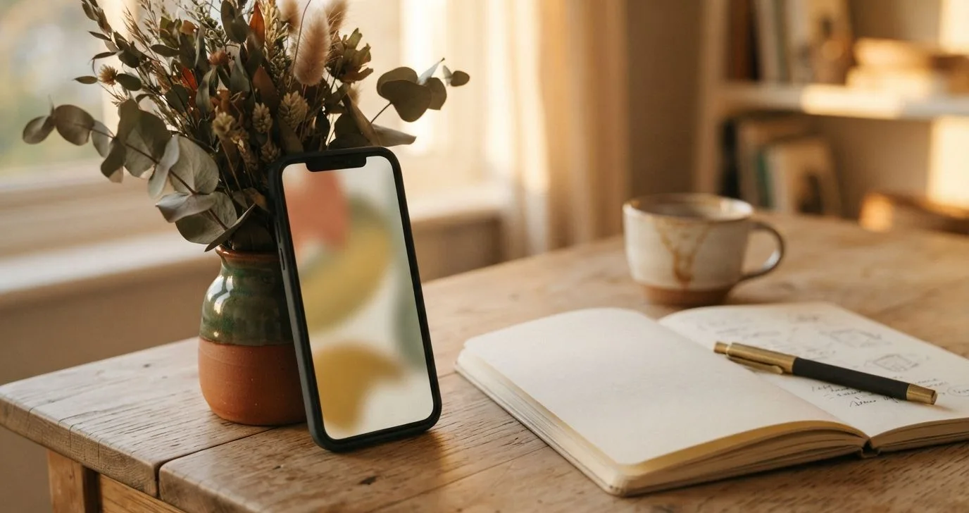 Smartphone und Notizbuch auf dem Schreibtisch