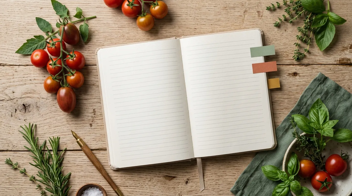 Ein leeres Notizbuch mit bunten Lesezeichen-Tabs zwischen den Seiten, umgeben von frischen Tomaten und Kräutern auf einem Holztisch