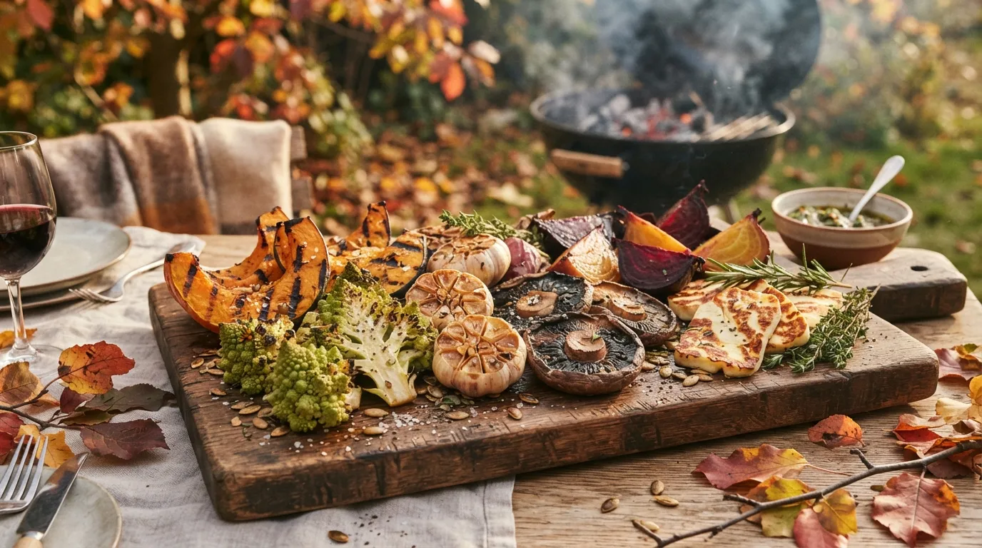 Ein großer Holzblock oder eine Planke mit gegrilltem Gemüse: Kürbisspalten, halbierter Romanesco, ganze Knoblauchzehen, dicke Pilze, Rote Bete, daneben ein Stück gegrilltes Fleisch oder Halloumi. Rauchige Atmosphäre, Herbstlaub als Deko.