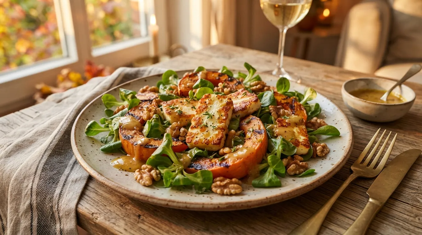 Ein Teller mit gegrillten Kürbisspalten, goldbraunem Halloumi, Feldsalat und Walnüssen. Honig-Senf-Dressing darüber. Herbststimmung, golden hour Licht.