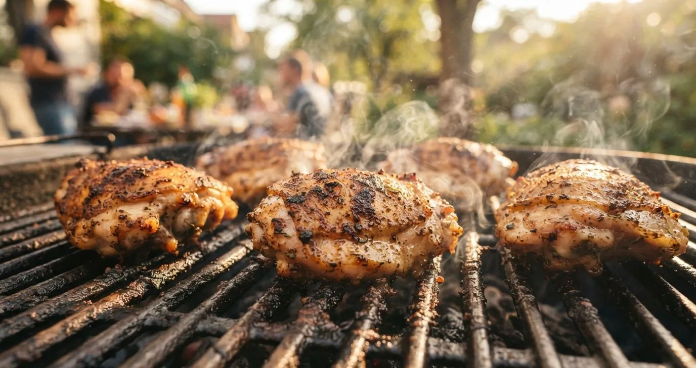 Hähnchenschenkel mit goldbrauner Gewürzkruste auf dem Grill, rauchige Atmosphäre.