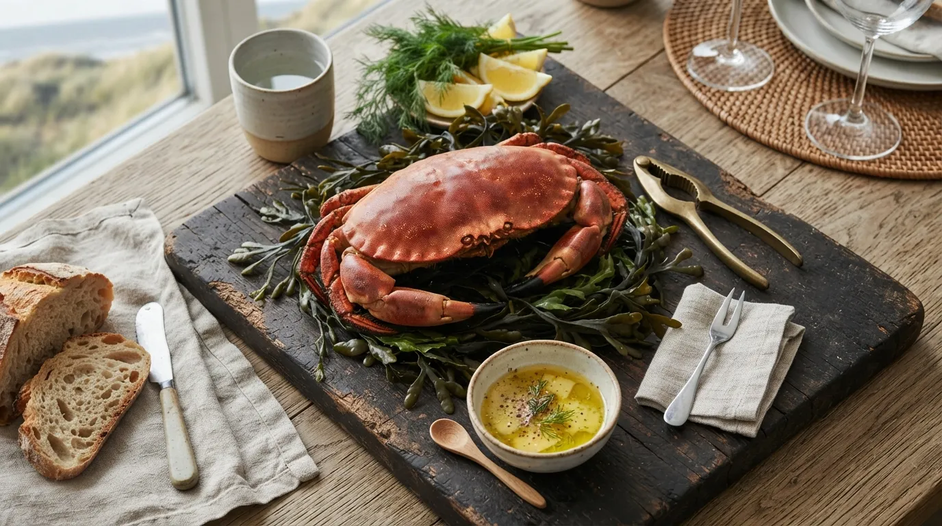 Helgoländer Knieper (Taschenkrebs) rotgekocht auf einem Holzteller mit Krabbenknackern und Meeresalgen, rustikal-maritimes Fine-Dining-Arrangement mit Zitronenbutter und frischem Brot