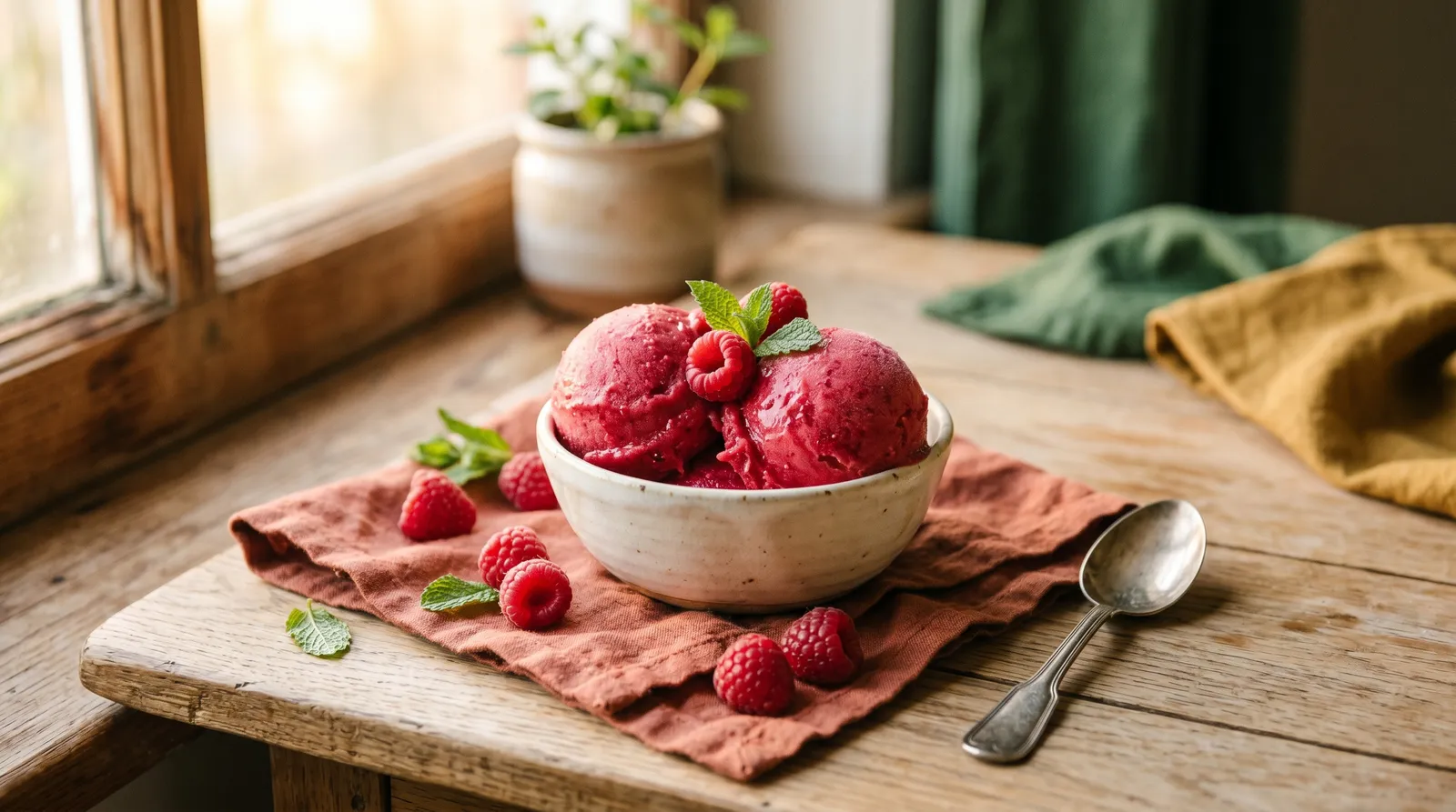 Selbstgemachtes Himbeer-Sorbet in einer Schale