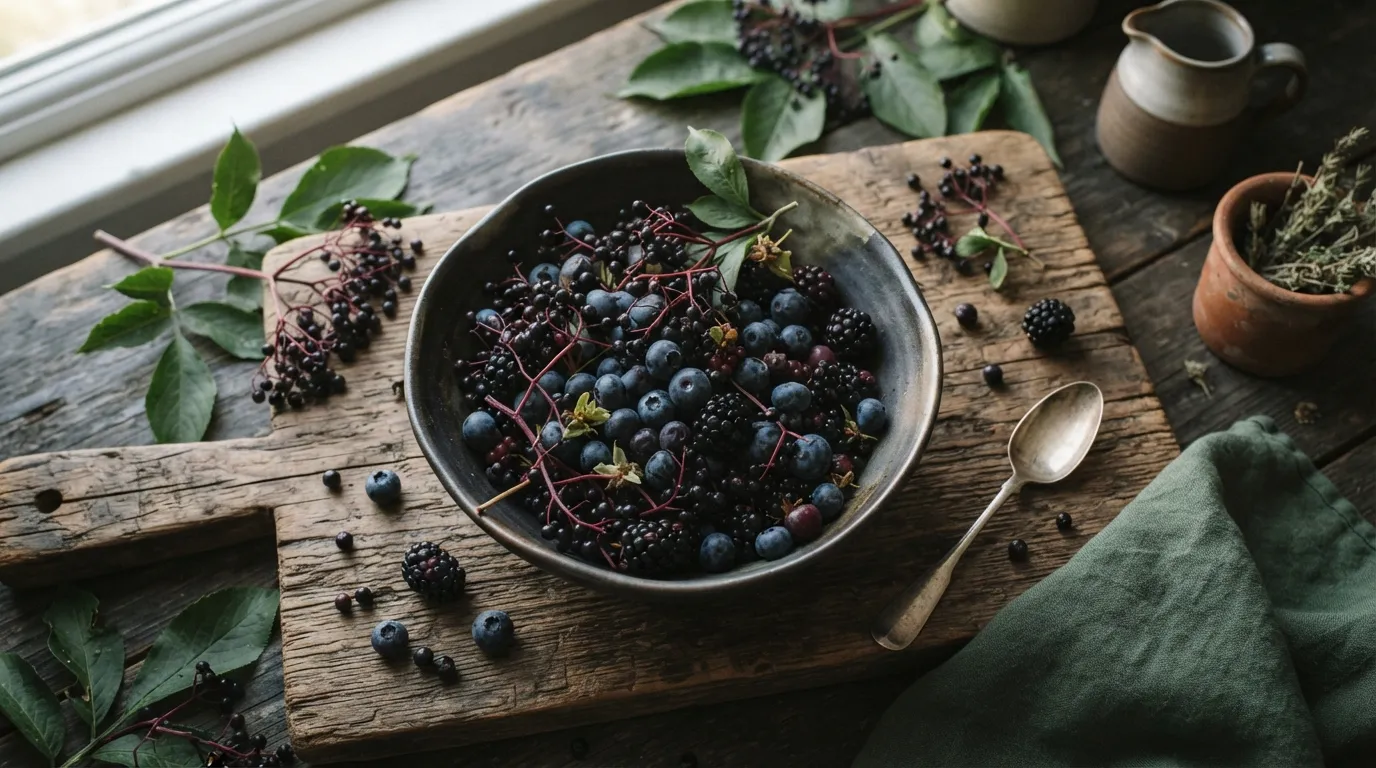 Holunderbeeren, Heidelbeeren und Brombeeren nebeneinander