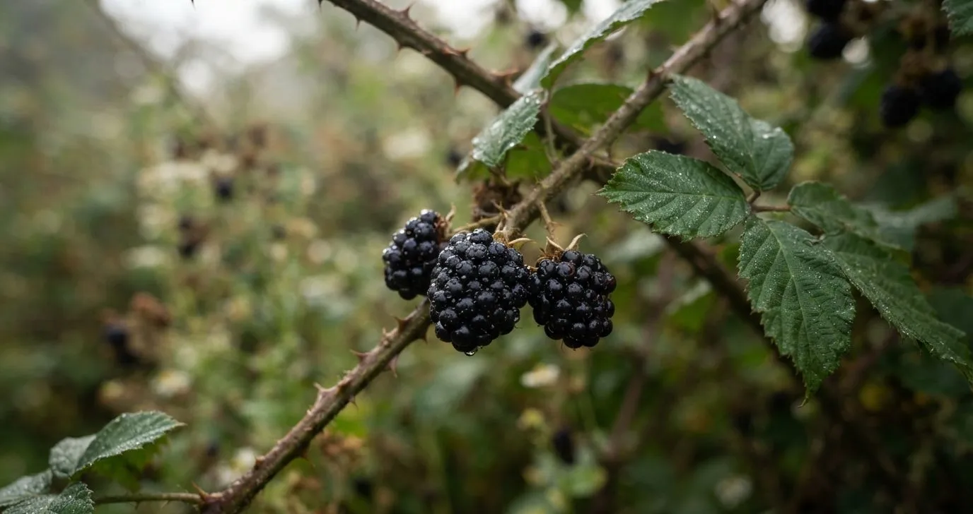 Reife Brombeeren an einem dornigen Zweig
