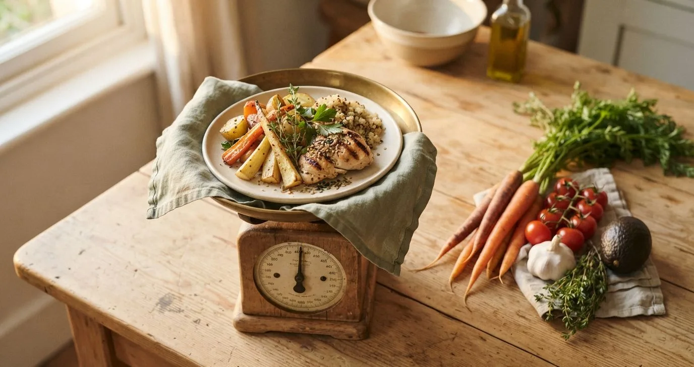 Küchenwaage mit einer selbstgekochten Mahlzeit