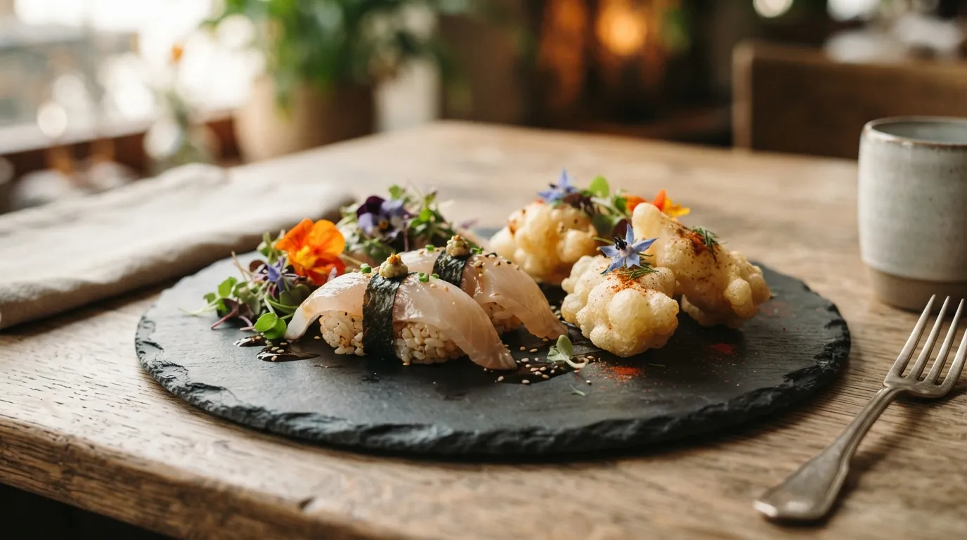 Spiegelkarpfen als Sushi und Tempura auf dunklem Schiefer serviert, modernes Fine-Dining-Arrangement mit Kräutern und essbaren Blüten, weiches seitliches Licht