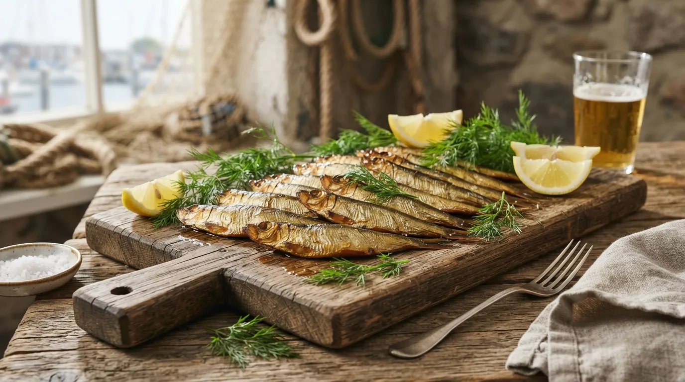 Goldbraun geräucherte Kieler Sprotten auf einem Holzbrett mit Zitronenspalten und Dillzweigen, traditionell angerichtet, weiches Licht von links, maritime Tischdecke mit rot-weißem Karomuster