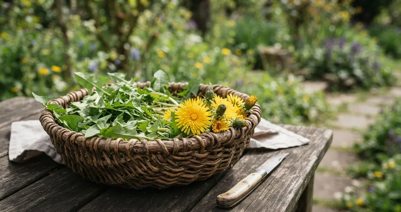 Löwenzahnblätter und Blüten in einer Sammelschale