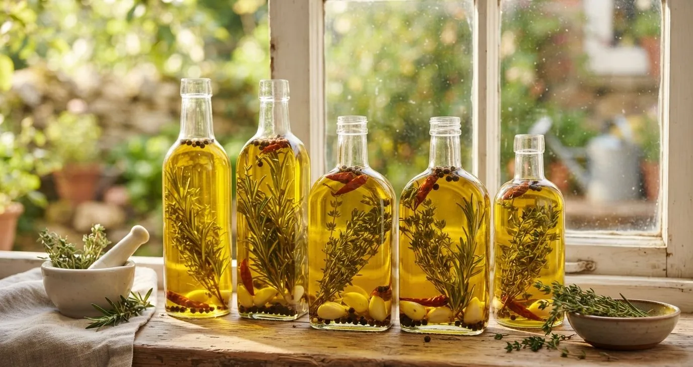 Gläser mit Kräuteröl, darin Rosmarinzweige, Thymian und Knoblauchzehen, goldenes Olivenöl, sonnige Fensterbank.