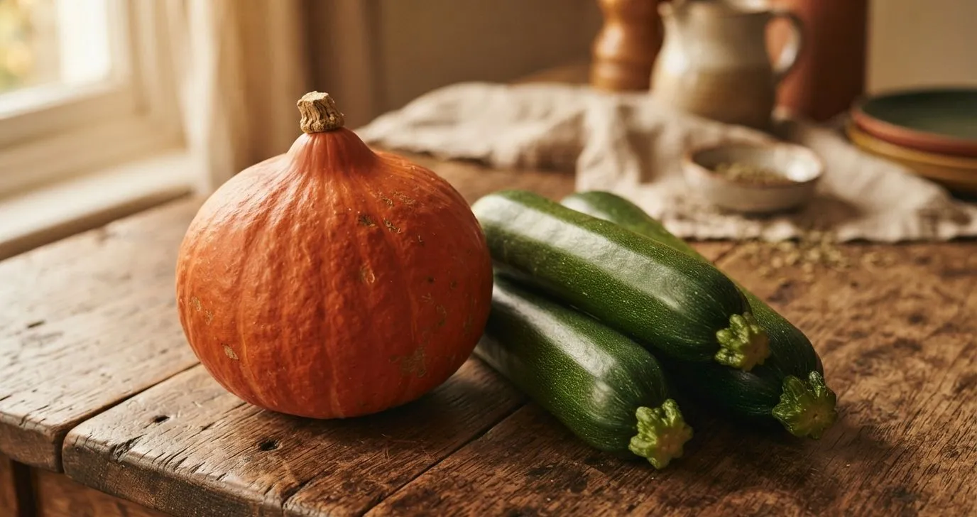 Hokkaido-Kürbis und grüne Zucchini nebeneinander