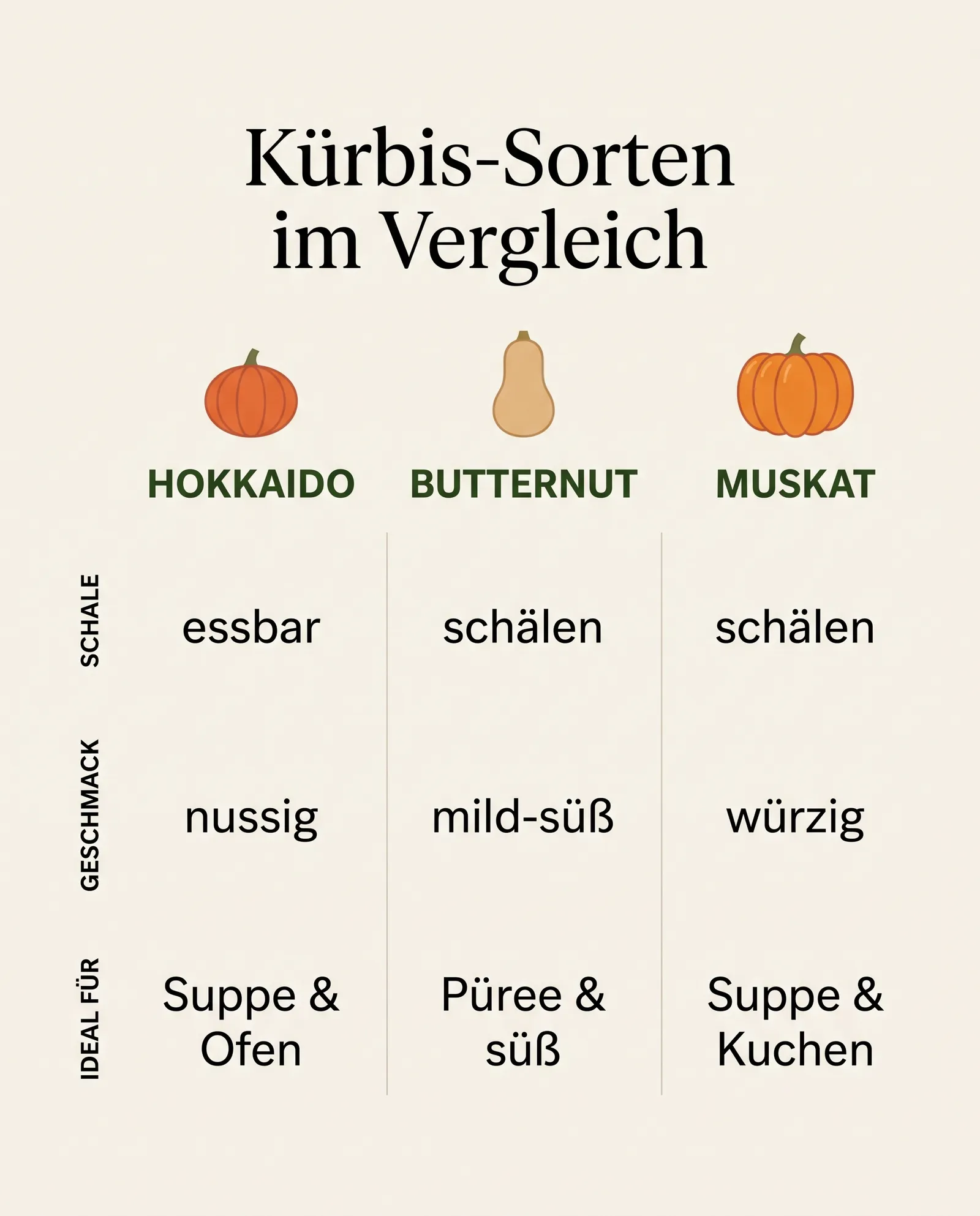 Infografik: Hokkaido, Butternut und Muskatkürbis im Vergleich