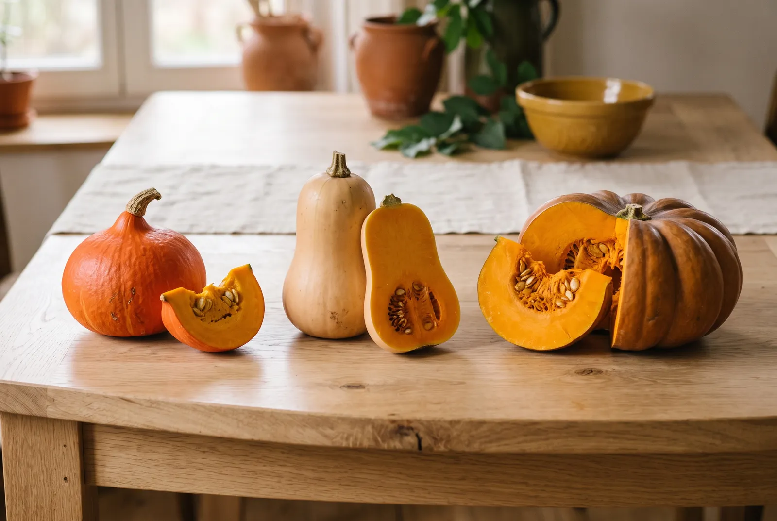 Hokkaido, Butternut und Muskatkürbis nebeneinander, teils aufgeschnitten