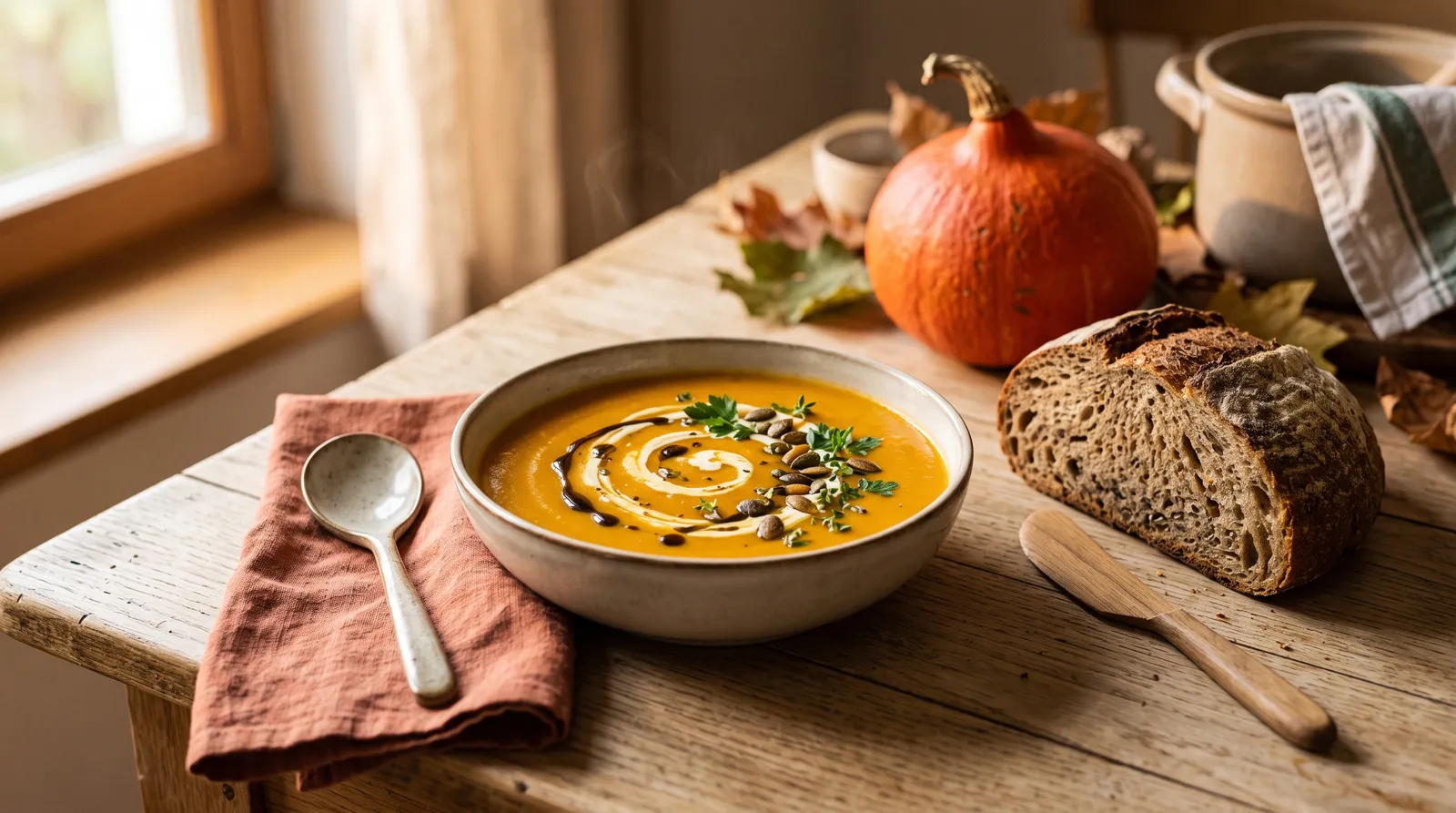 Cremige Kürbissuppe in einer Schale