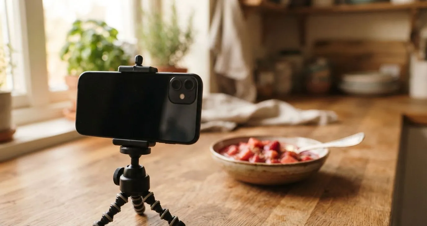 Ein Smartphone mit dunklem Bildschirm auf einem kleinen Stativ, im Fokus eine Schüssel Erdbeer-Rhabarber-Kompott auf einer Holztheke