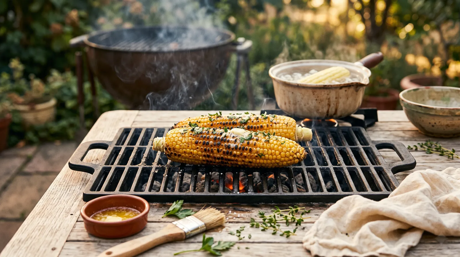 Maiskolben auf dem Grill und im Kochtopf