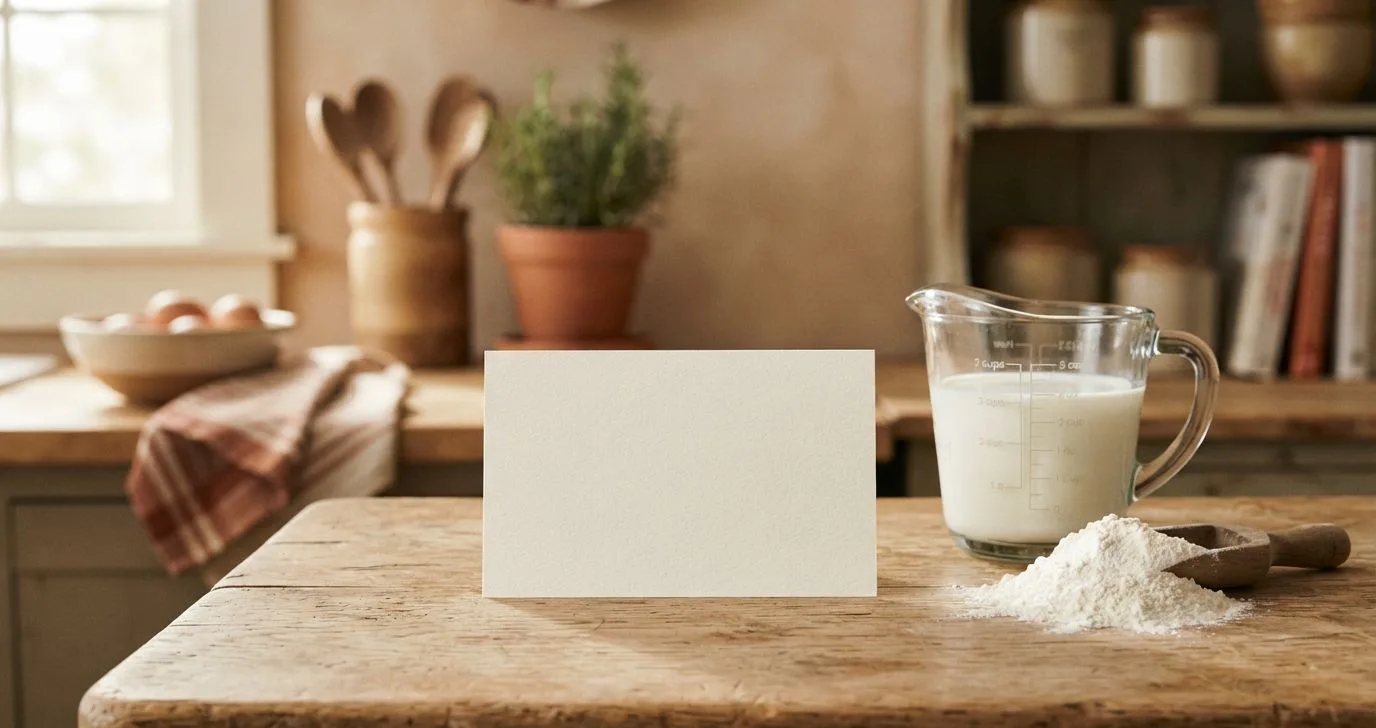 Handgeschriebene Rezeptkarte neben einem Messbecher