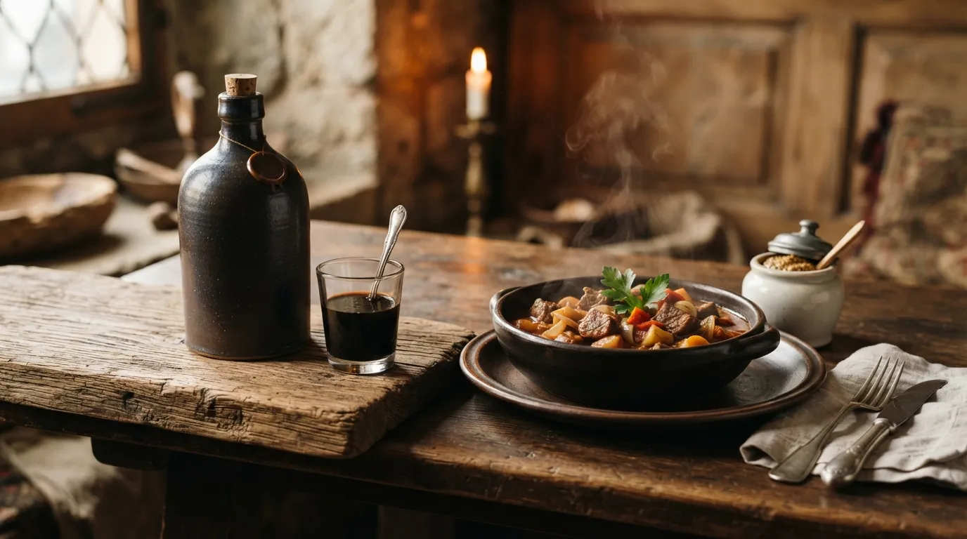 Eine historische Mumme-Flasche aus braunem Steinzeug neben einem kleinen Glas des dunklen Malzextrakts, Daneben ein Teller mit Gulasch und ein Senftöpfchen, rustikale Tischszene mit Hanse-Flair