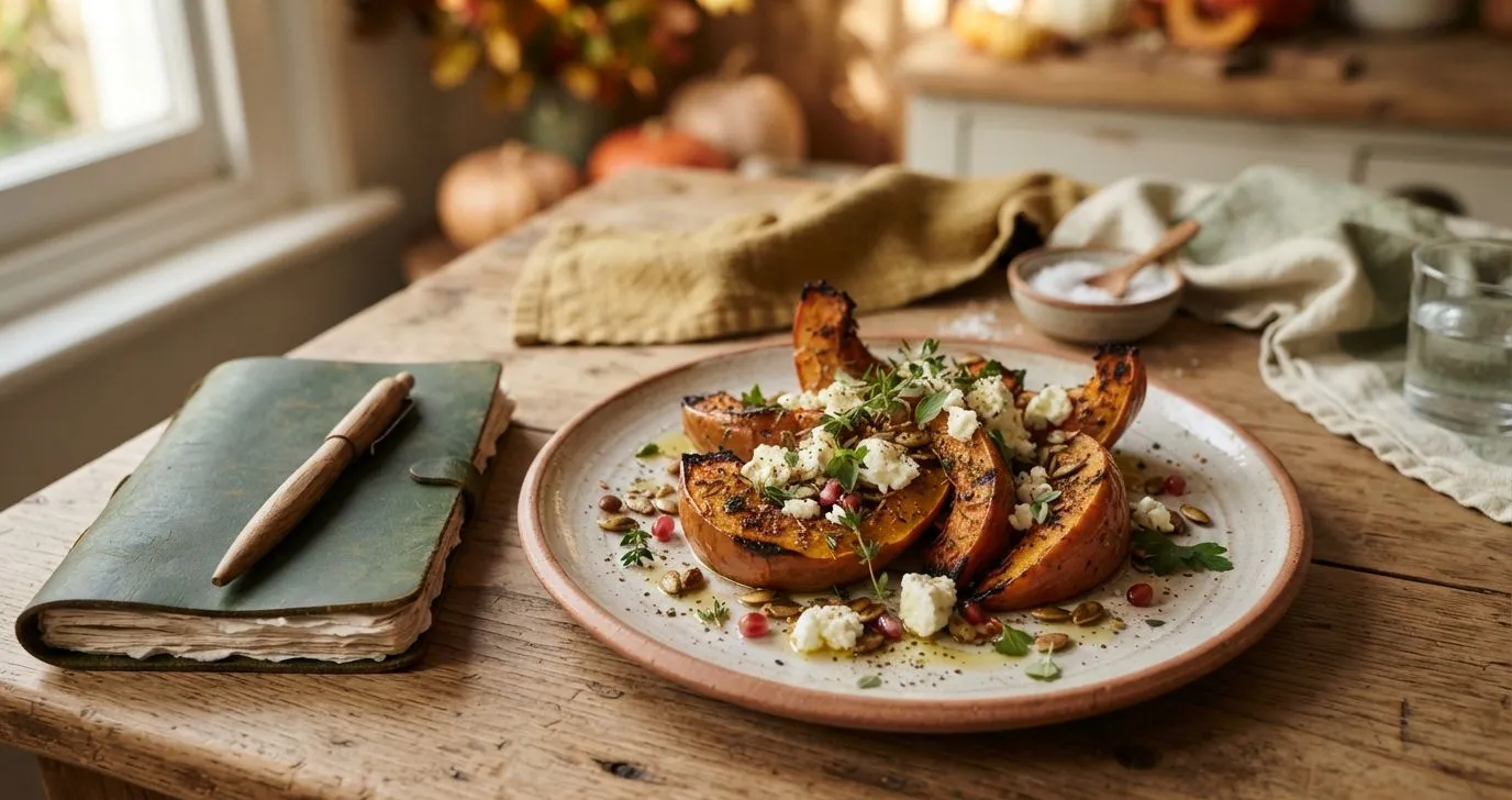 Rezeptkarte mit automatisch generierten Nährwertangaben auf einem Smartphone und Laptop – gerösteter Kürbis mit Feta, darunter Kalorien und Makros pro Portion, warmes herbstliches Licht, Food-Fotografie-Stil