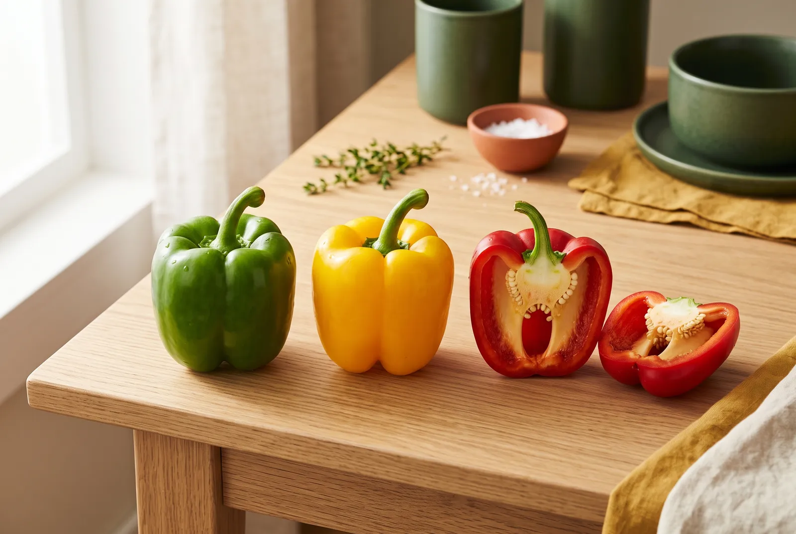 Eine grüne, eine gelbe und eine rote Paprika nebeneinander, eine aufgeschnitten