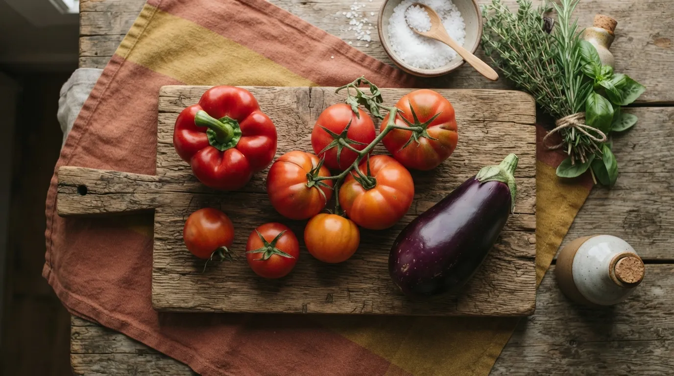 Rote Paprika, Tomaten und Aubergine auf einem Holzbrett