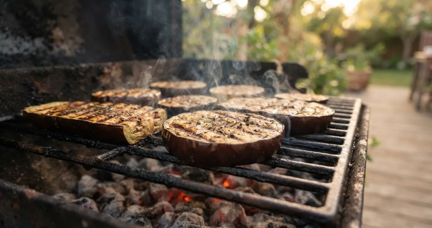 Aubergine, in Scheiben geschnitten, auf dem Grill