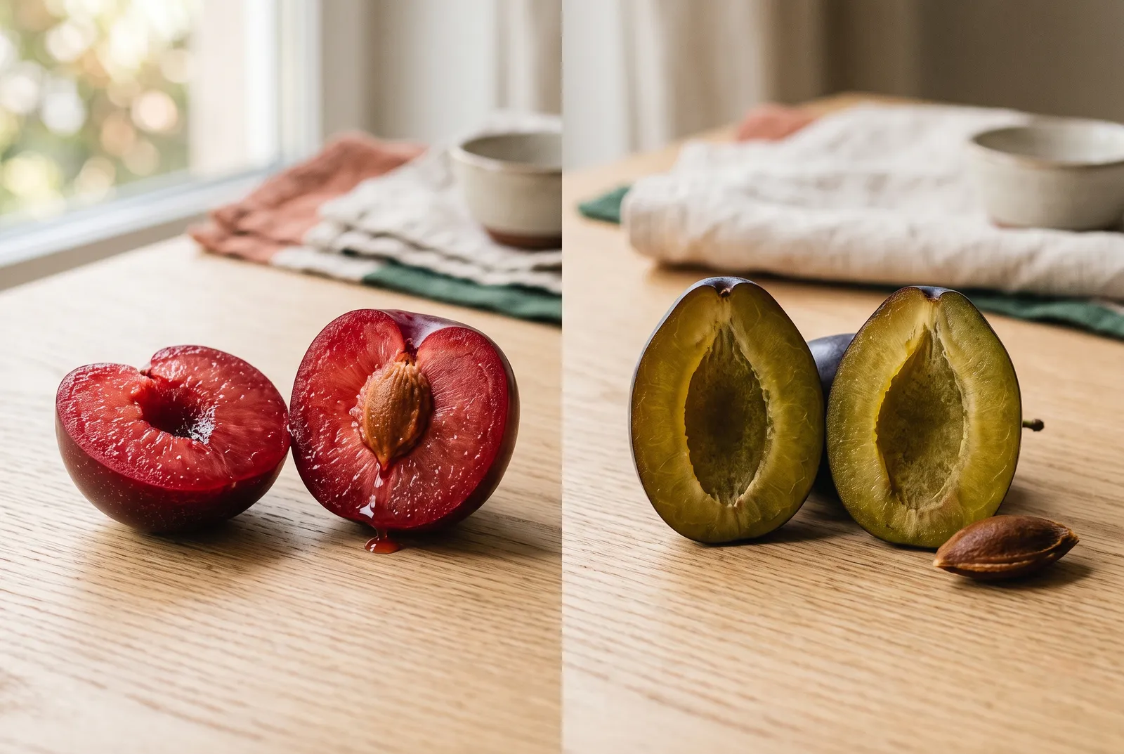 Eine runde Pflaume und eine längliche Zwetschge, beide aufgeschnitten nebeneinander auf einem Holztisch
