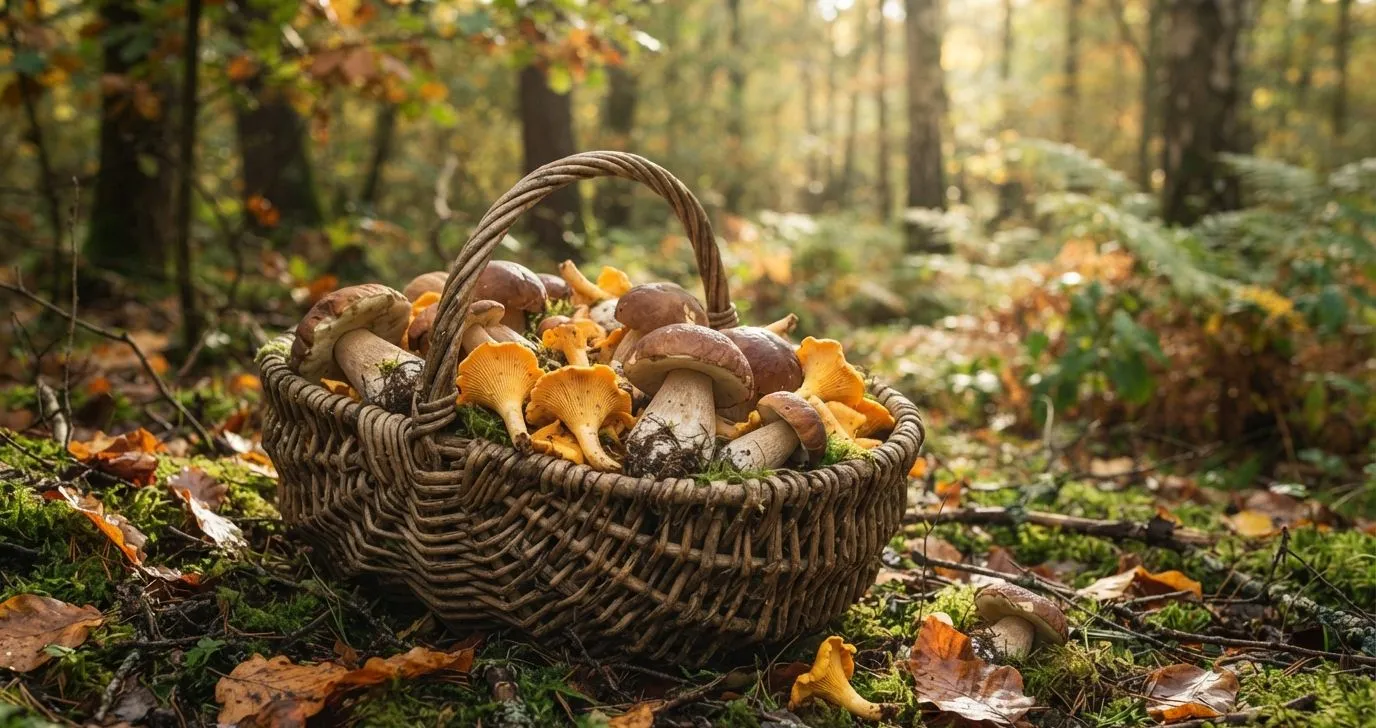 Korb mit frischen Steinpilzen und Pfifferlingen im Wald