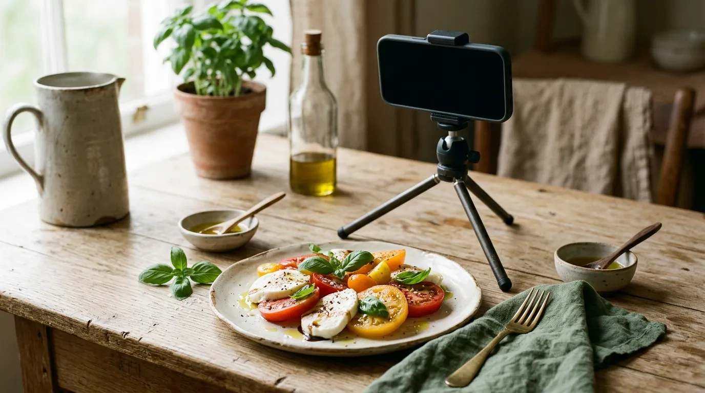 Ein angerichteter Caprese-Teller auf einem Holztisch, im Hintergrund ein Smartphone auf einem kleinen Stativ, bereit zum Filmen