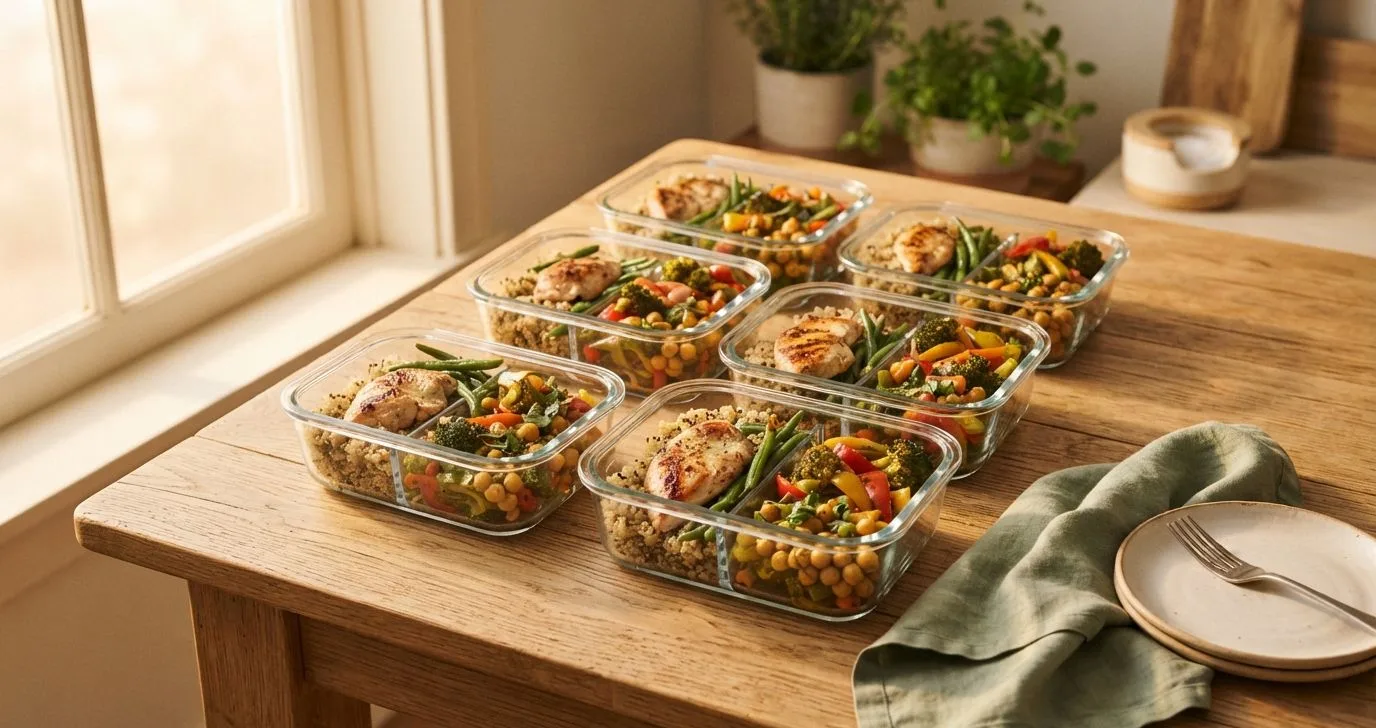 Meal-Prep-Boxen mit portionierten Mahlzeiten