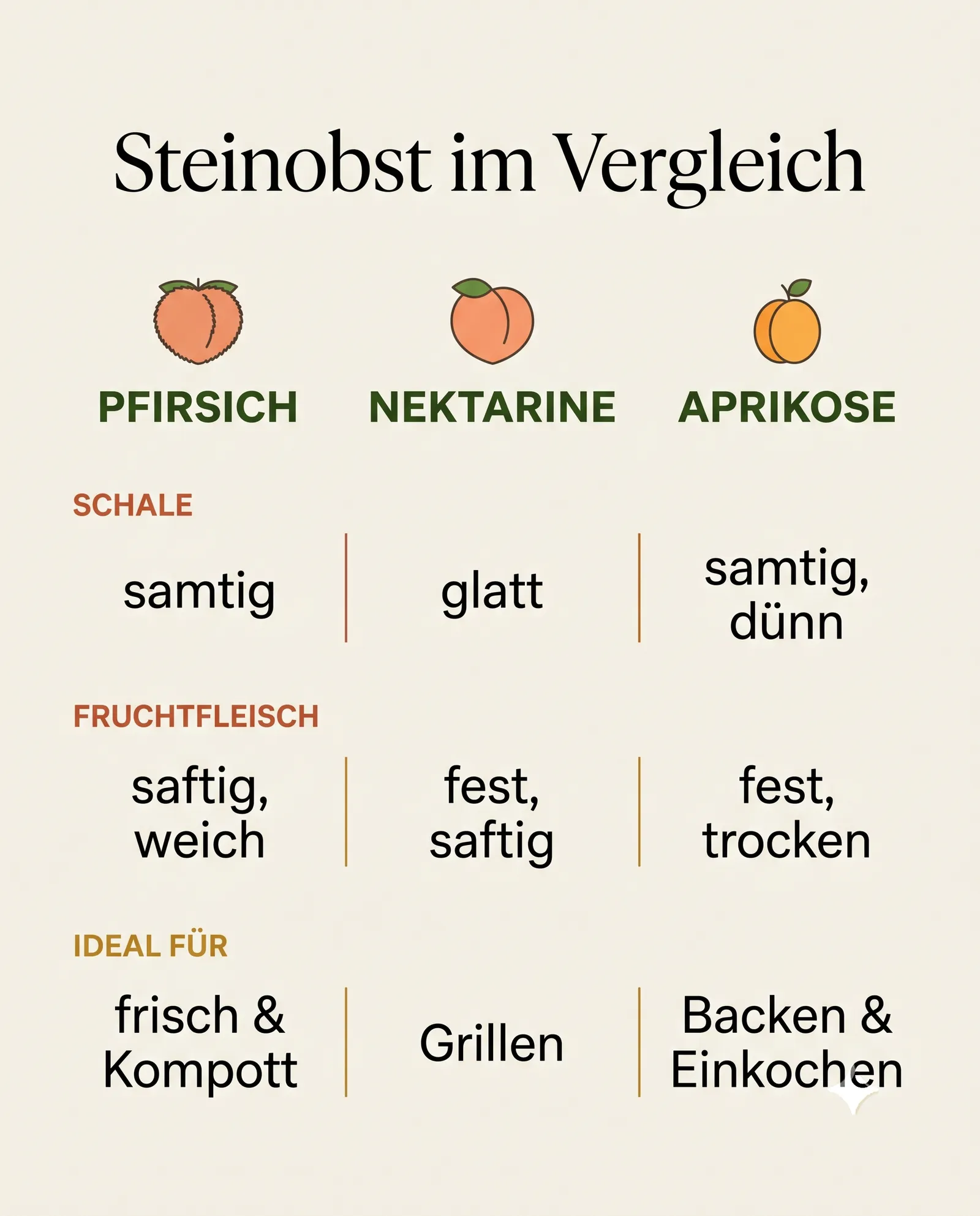 Infografik: Pfirsich, Nektarine und Aprikose im Vergleich