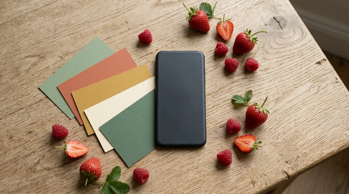 Ein Smartphone mit dunklem Bildschirm neben einem Fächer bunter leerer Karten und frischen Beeren auf einem Holztisch